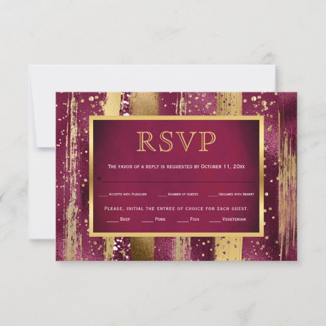 Gold, burgundy Strikes, Konfetti Hochzeit RSVP Kar (Vorderseite)