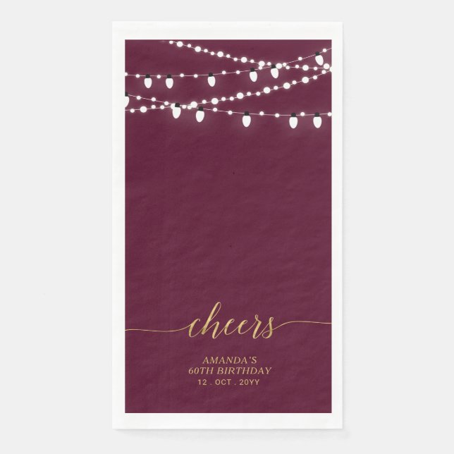 Gold Burgundy String Lights Lettering Cheers Serviette (Vorderseite)