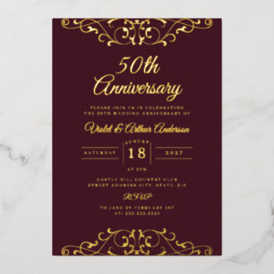 Gold Burgundy Swirl 50. Hochzeitstag Folieneinladung