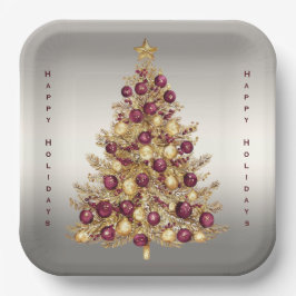 Gold Burgundy Weihnachtsbaum Weihnachtspapier Plat Pappteller