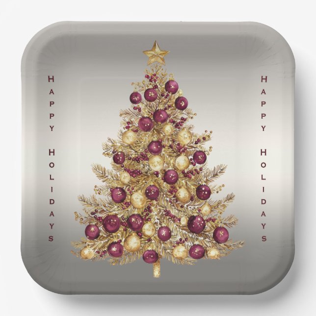 Gold Burgundy Weihnachtsbaum Weihnachtspapier Plat Pappteller (Vorderseite)