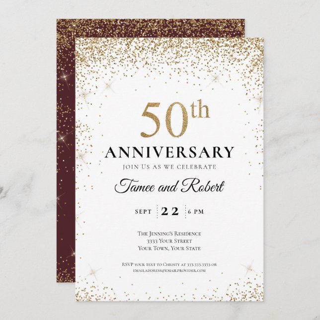 Gold Burgundy White 50th Wedding Anniversary  Einladung (Vorne/Hinten)