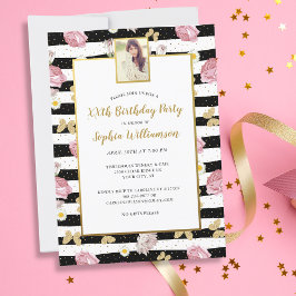 Gold Butterfells Floral Print Birthday Foto Party Einladung