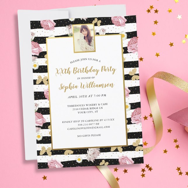 Gold Butterfells Floral Print Birthday Foto Party Einladung (Von Creator hochgeladen)