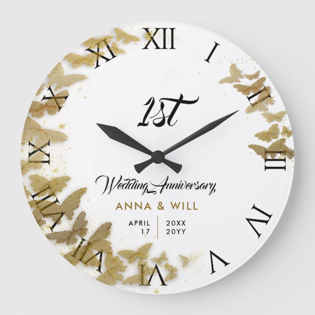 Gold Butterfells Wreath Boho Hochzeitstag Große Wanduhr (Vorderseite)