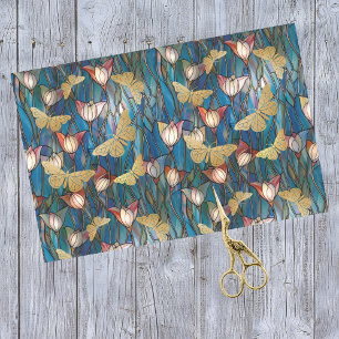 Gold Butterfisch Gestaltete Glass Art Noveau Blume Seidenpapier