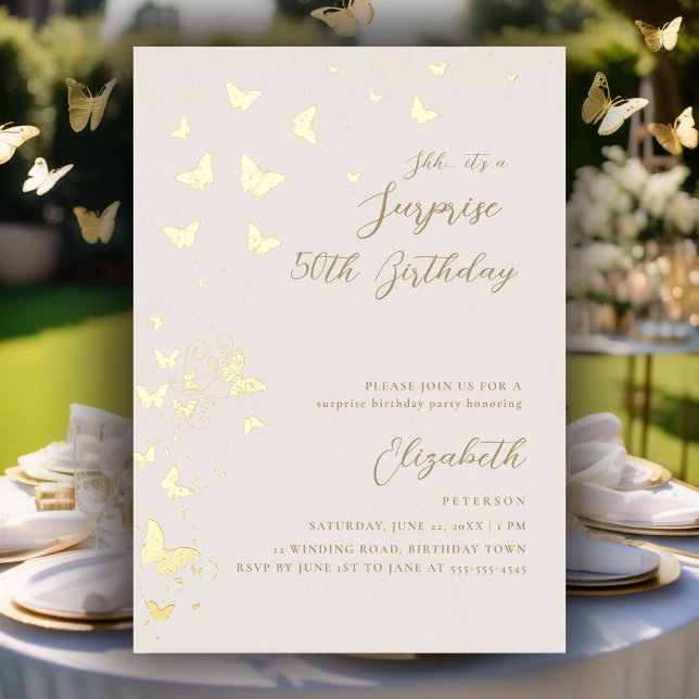 Gold Butterflies Überraschung Party Gold 50. Gebur Folieneinladung (50th surprise party invitations for women gold foil butterflies modern elegant classy chic garden)