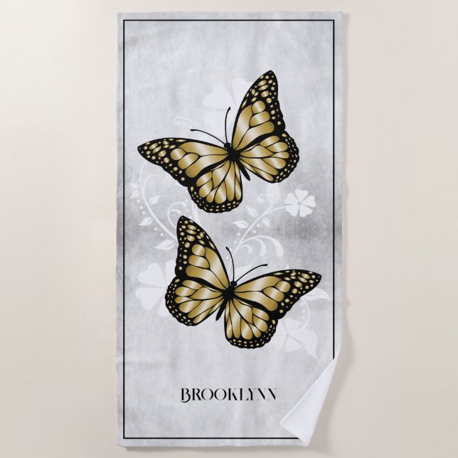 Gold Butterfly Floral Beach Handtuch (Vorderseite)