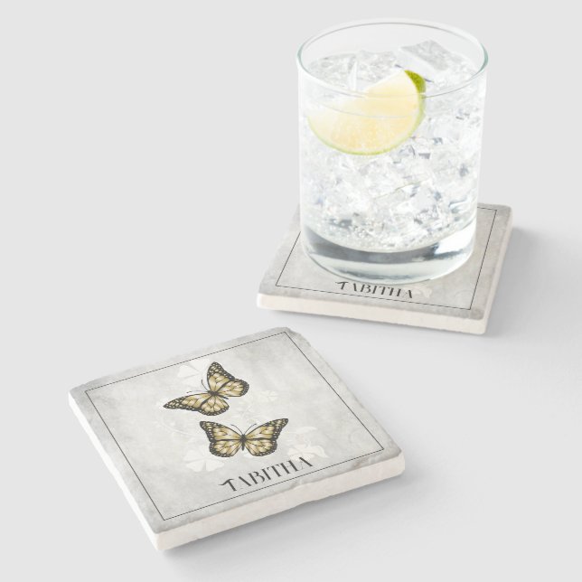 Gold Butterfly Personalisiert Stone Untersetzer (Seitenansicht)
