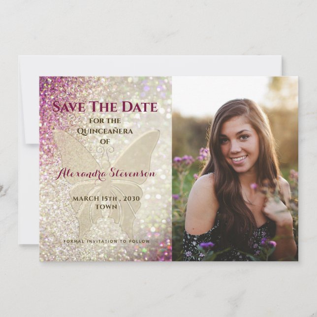 Gold Butterfly Quinceñera Save The Date (Vorderseite)