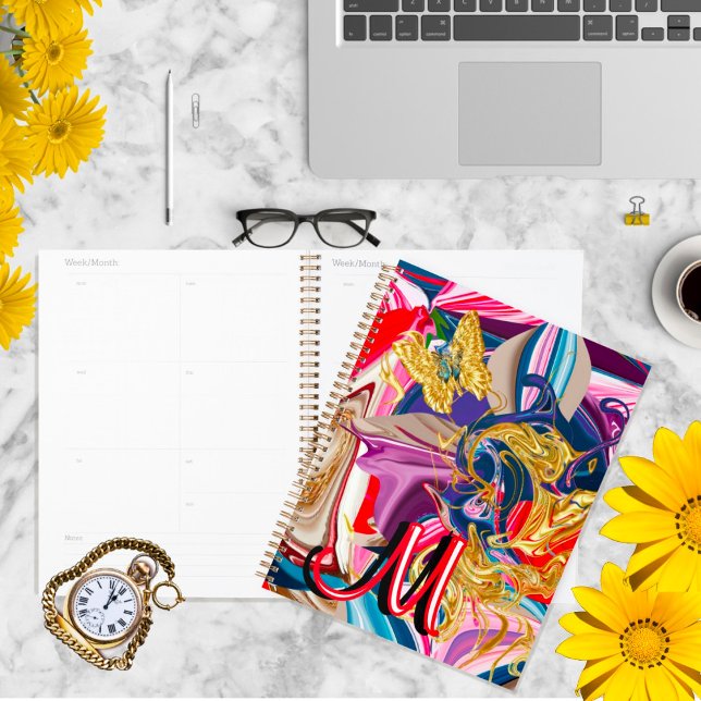 Gold Butterfly Rotes Monogramm Abstraktes Rotes Fl Planer (Von Creator hochgeladen)