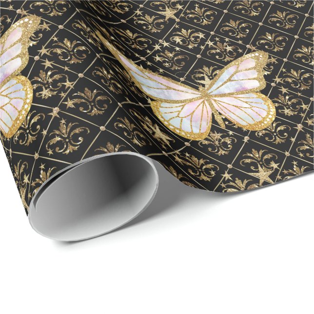 Gold Butterfly & Stars Wrapping Paper Geschenkpapier (Rolleneckpunkt)