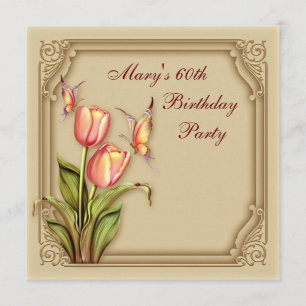 Gold Butterfly Tulips Elegant 60. Geburtstagsparty Einladung