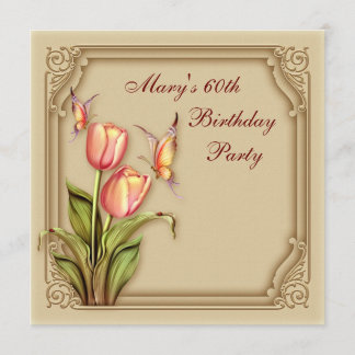 Gold Butterfly Tulips Elegant 60. Geburtstagsparty Einladung