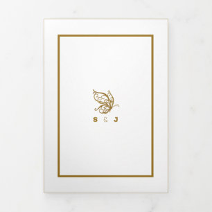 Gold Butterfly, White & Gold Hochzeitssuite Dreifach Gefaltete Einladung