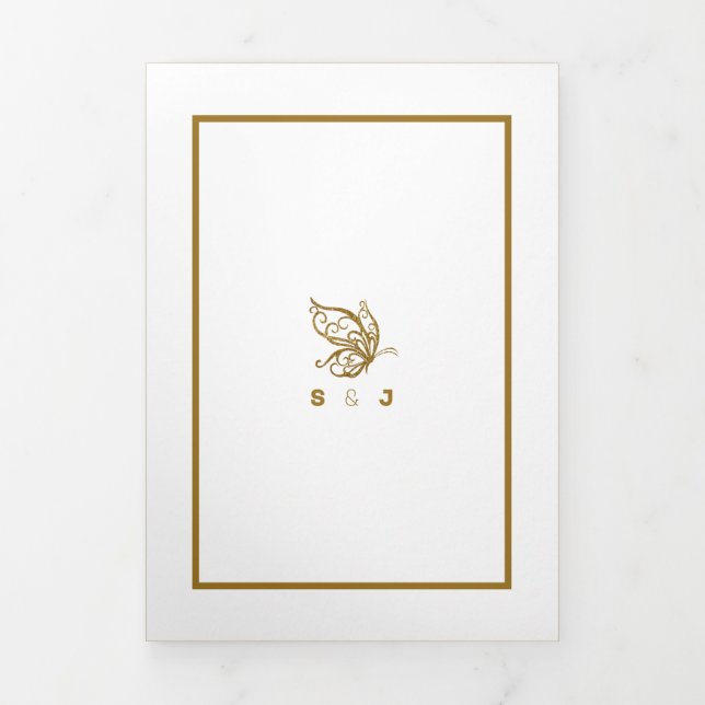 Gold Butterfly, White & Gold Hochzeitssuite Dreifach Gefaltete Einladung (Cover)