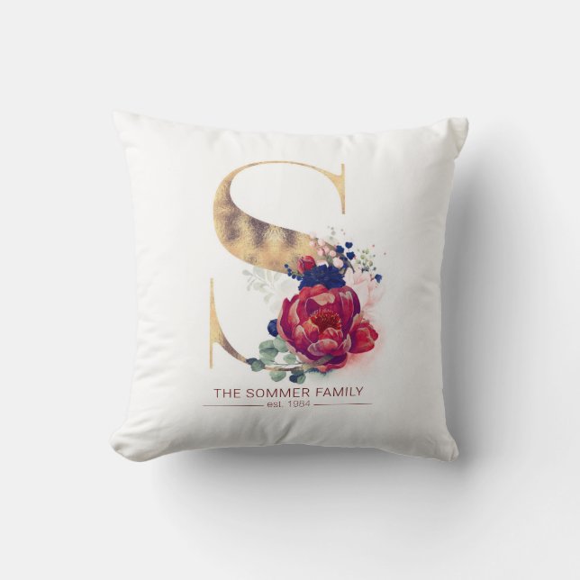 Gold C Monogram Floral Burgund Red and Navy Blue Kissen (Vorderseite)