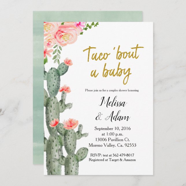 Gold Cactus floral Taco Bout Baby Shower Einladung (Vorne/Hinten)