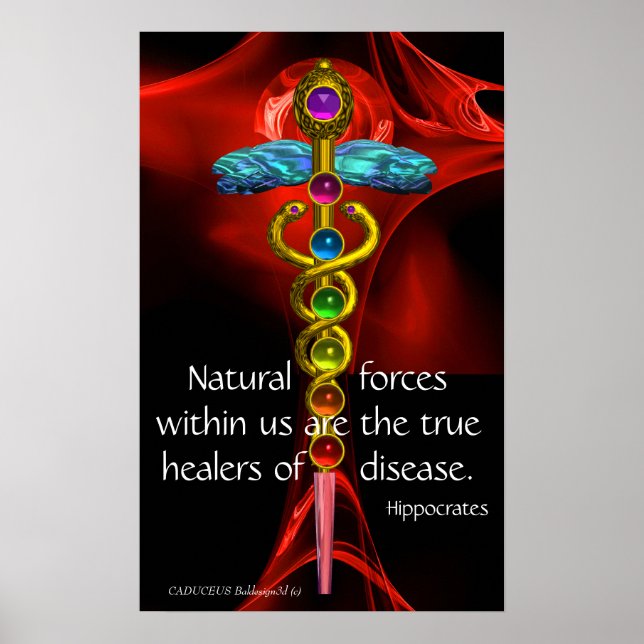 GOLD CADUCEUS, 7 CHAKRAS, Heilung, Medizin, Yoga Poster (Vorne)