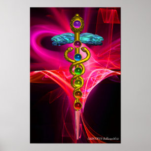 GOLD CADUCEUS,7 CHAKRAS PINK FUCHSIA Yoga Medizin Poster