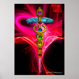 GOLD CADUCEUS,7 CHAKRAS PINK FUCHSIA Yoga Medizin Poster