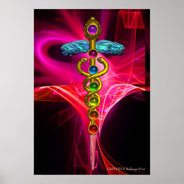 GOLD CADUCEUS,7 CHAKRAS PINK FUCHSIA Yoga Medizin Poster (Vorne)