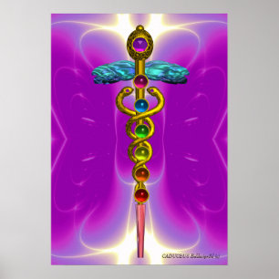 GOLD CADUCEUS 7 CHAKRAS, Yoga, Medizin Pink Fuchsi Poster