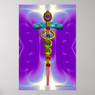 GOLD CADUCEUS 7 CHAKRAS, Yoga, medizinisches Lila  Poster