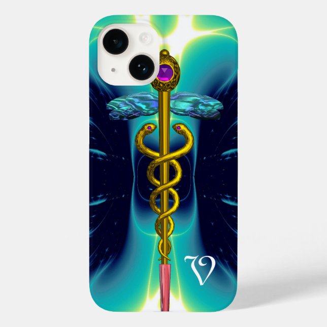 GOLD CADUCEUS MEDICAL MONOGRAM Türkis Blue Case-Mate iPhone Hülle (Rückseite)