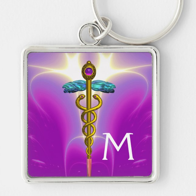GOLD CADUCEUS MEDICAL SYMBOL MONOGRAM,Pink Fuchsia Schlüsselanhänger (Vorne)