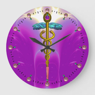 GOLD CADUCEUS Medical Symbol Vibrant Pink Fuchsia Große Wanduhr