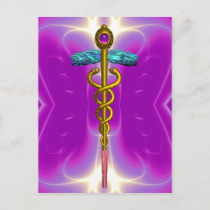 GOLD CADUCEUS MEDICAL SYMBOL VIOLET PINK FRAKTALE POSTKARTE