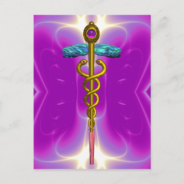 GOLD CADUCEUS MEDICAL SYMBOL VIOLET PINK FRAKTALE POSTKARTE (Vorderseite)