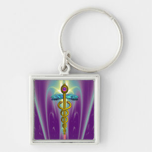 GOLD CADUCEUS MEDICAL SYMBOL Violet Purple Green Schlüsselanhänger