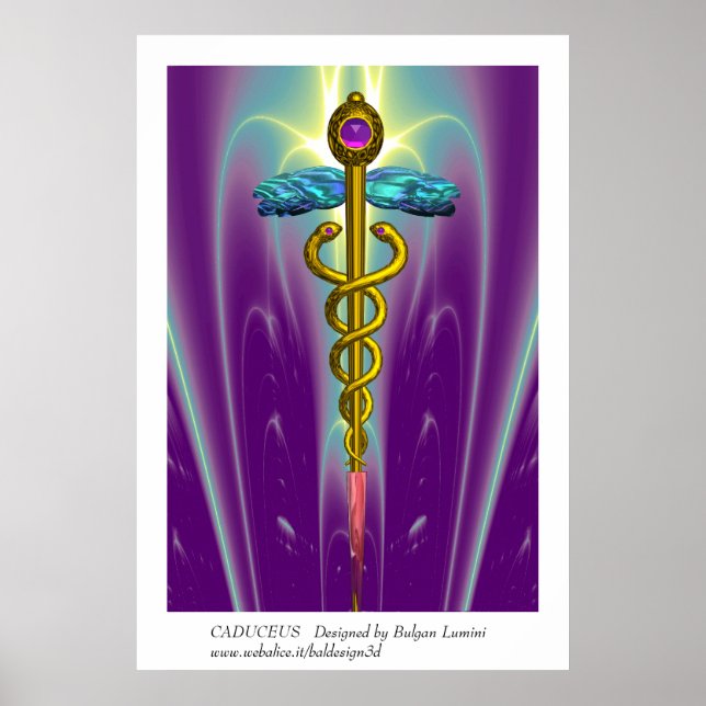 GOLD CADUCEUS Medizinische Symbol Lila grüne Welle Poster (Vorne)