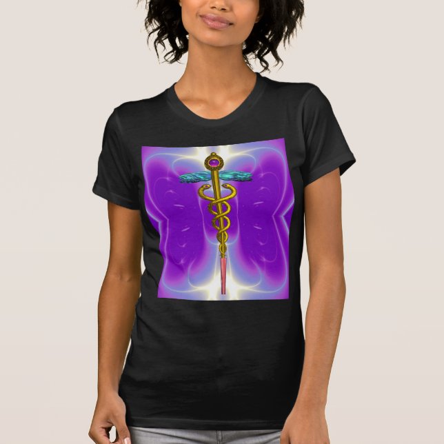 GOLD CADUCEUS MEDIZINISCHE SYMBOL,Lila T-Shirt (Vorderseite)