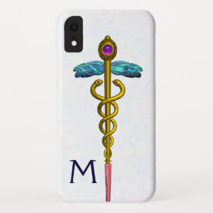 GOLD CADUCEUS MEDIZINISCHE SYMBOL Weißes Monogramm iPhone XR Hülle