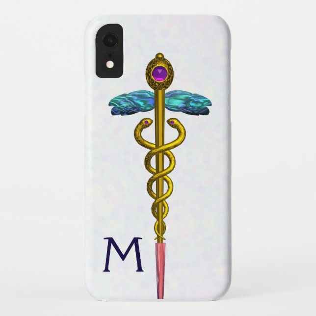GOLD CADUCEUS MEDIZINISCHE SYMBOL Weißes Monogramm Case-Mate iPhone Hülle (Rückseite)