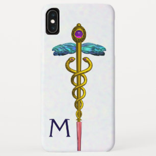 GOLD CADUCEUS MEDIZINISCHE SYMBOL Weißes Monogramm iPhone XS Max Hülle