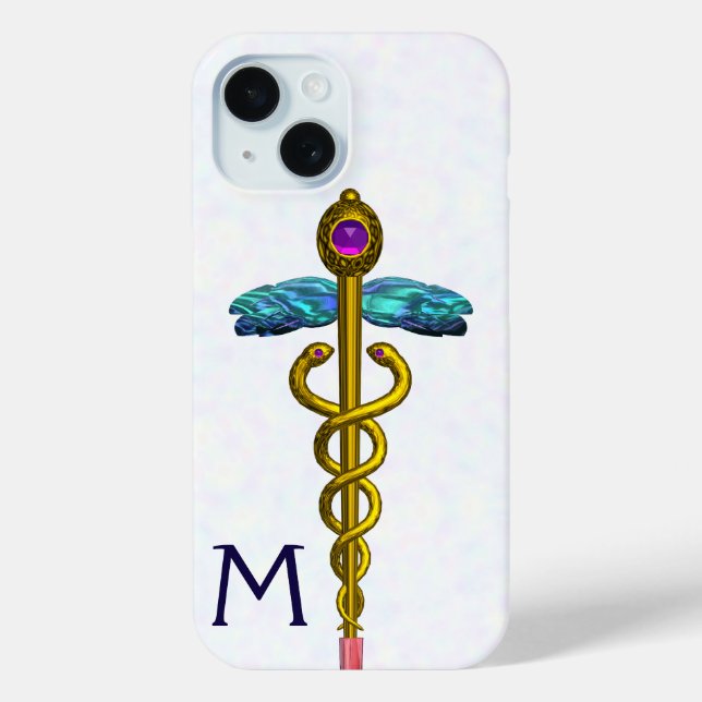 GOLD CADUCEUS MEDIZINISCHE SYMBOL Weißes Monogramm Case-Mate iPhone Hülle (Rückseite)