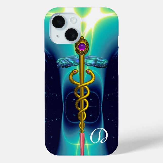 GOLD CADUCEUS MEDIZINISCHES MONOGRAMM,Aquamarines  Case-Mate iPhone Hülle (Rückseite)