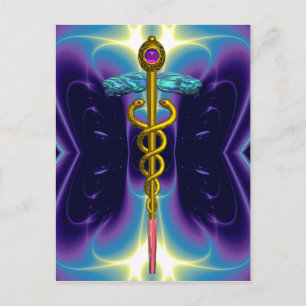 GOLD CADUCEUS MEDIZINISCHES SYMBOL BLAUE LILA FRAK POSTKARTE