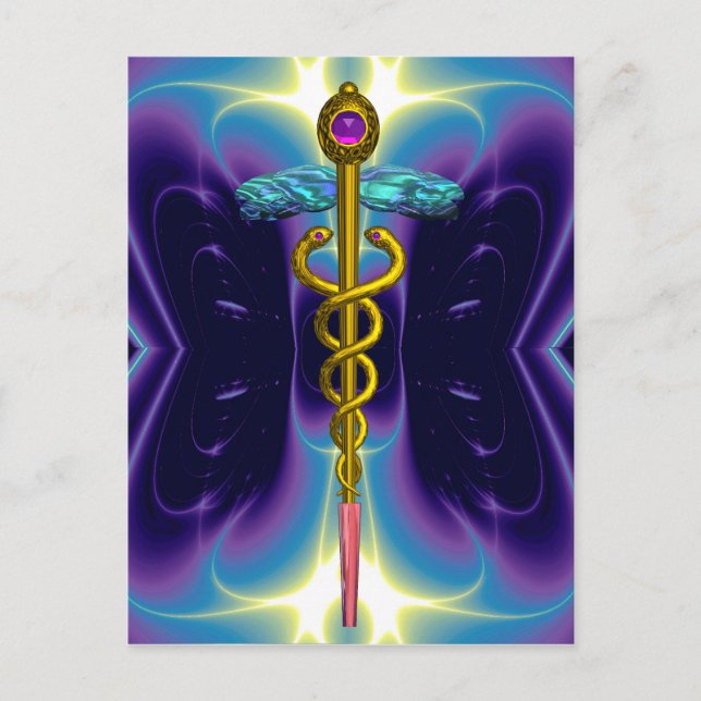 GOLD CADUCEUS MEDIZINISCHES SYMBOL BLAUE LILA FRAK POSTKARTE (Vorderseite)