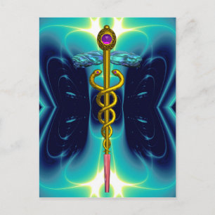 GOLD CADUCEUS MEDIZINISCHES SYMBOL BLUE TURQUOISE POSTKARTE
