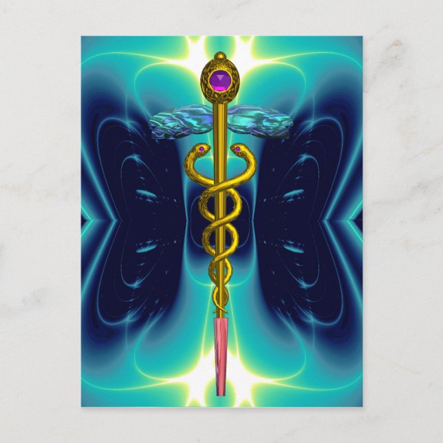 GOLD CADUCEUS MEDIZINISCHES SYMBOL BLUE TURQUOISE POSTKARTE (Vorderseite)