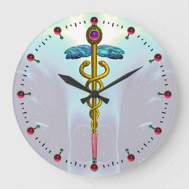 GOLD CADUCEUS Medizinisches Symbol Licht Aquamarin Große Wanduhr (Vorderseite)