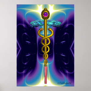 GOLD CADUCEUS Medizinisches Symbol Lila Blue Waves Poster