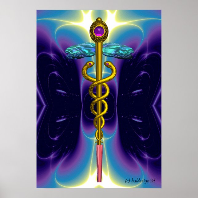 GOLD CADUCEUS Medizinisches Symbol Lila Blue Waves Poster (Vorne)