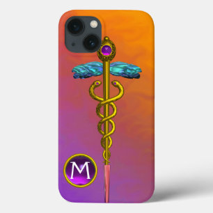 GOLD CADUCEUS MEDIZINISCHES SYMBOL Lila Gem Monogr iPhone 13 Hülle