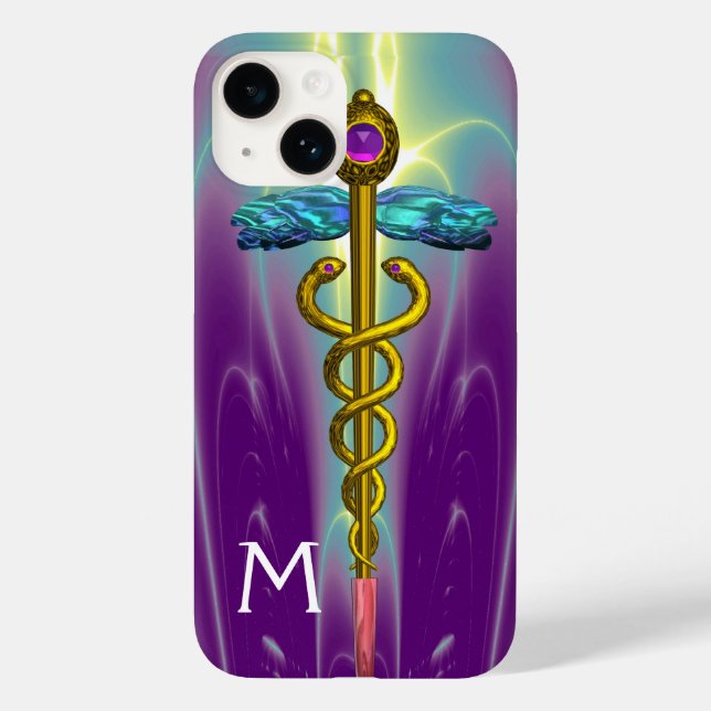 GOLD CADUCEUS MEDIZINISCHES SYMBOL Lila Monogramm Case-Mate iPhone Hülle (Rückseite)